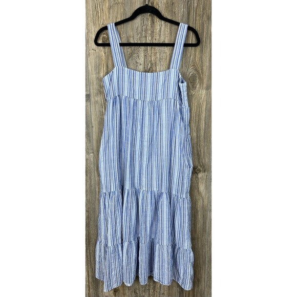 Elliot Lauren Midi Dress L Blue/White Stripe Sleeveless Tiered Ruffled Chambray - Picture 4 of 14